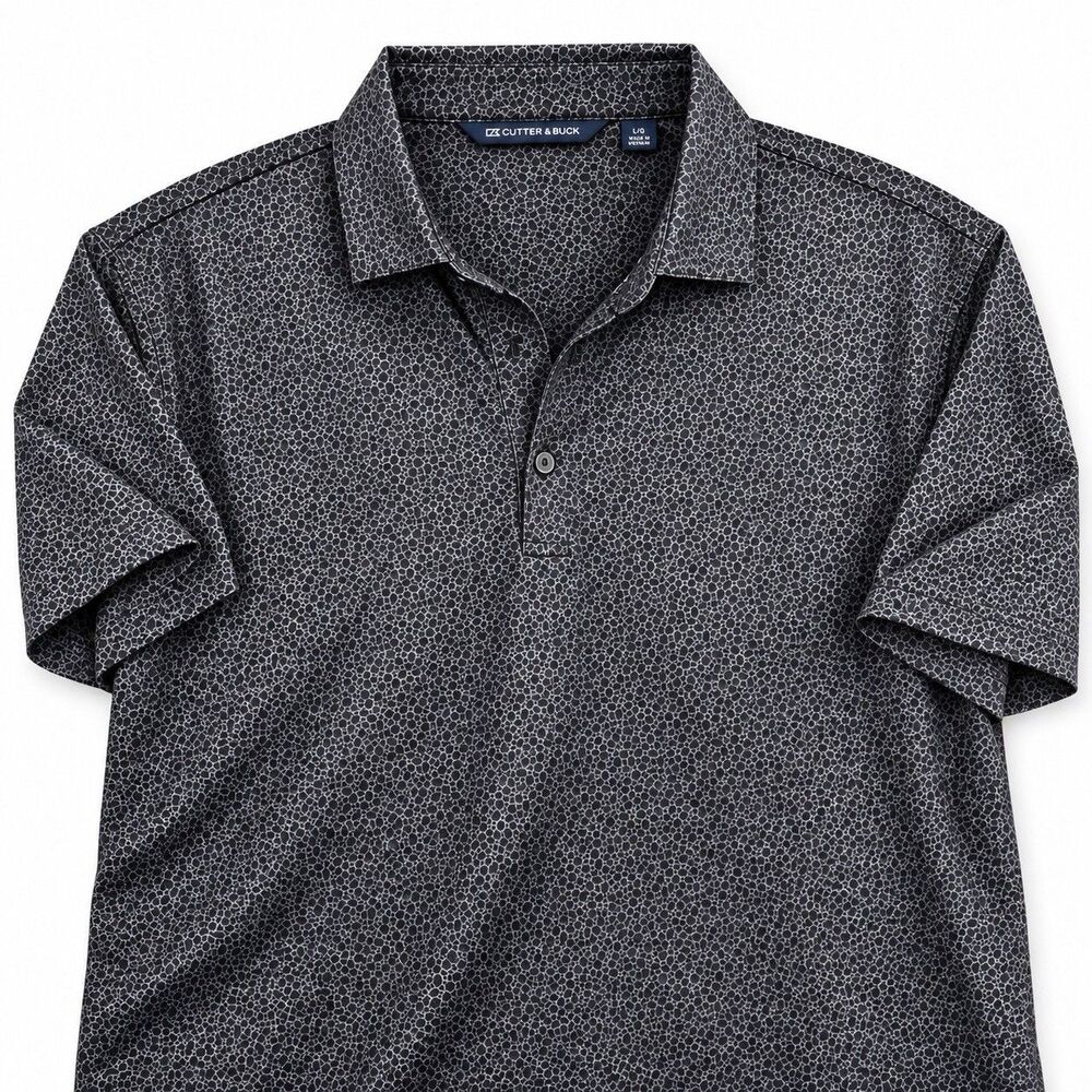 Cutter & Buck Pike Eco Pebble Print Polo Black Gray Performance Stretch Men's L